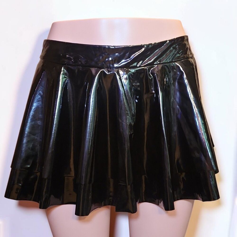 Black PVC Vinyl Layered Micro Mini Skort Booty Shorts XL Goth Punk Rave Clubwear